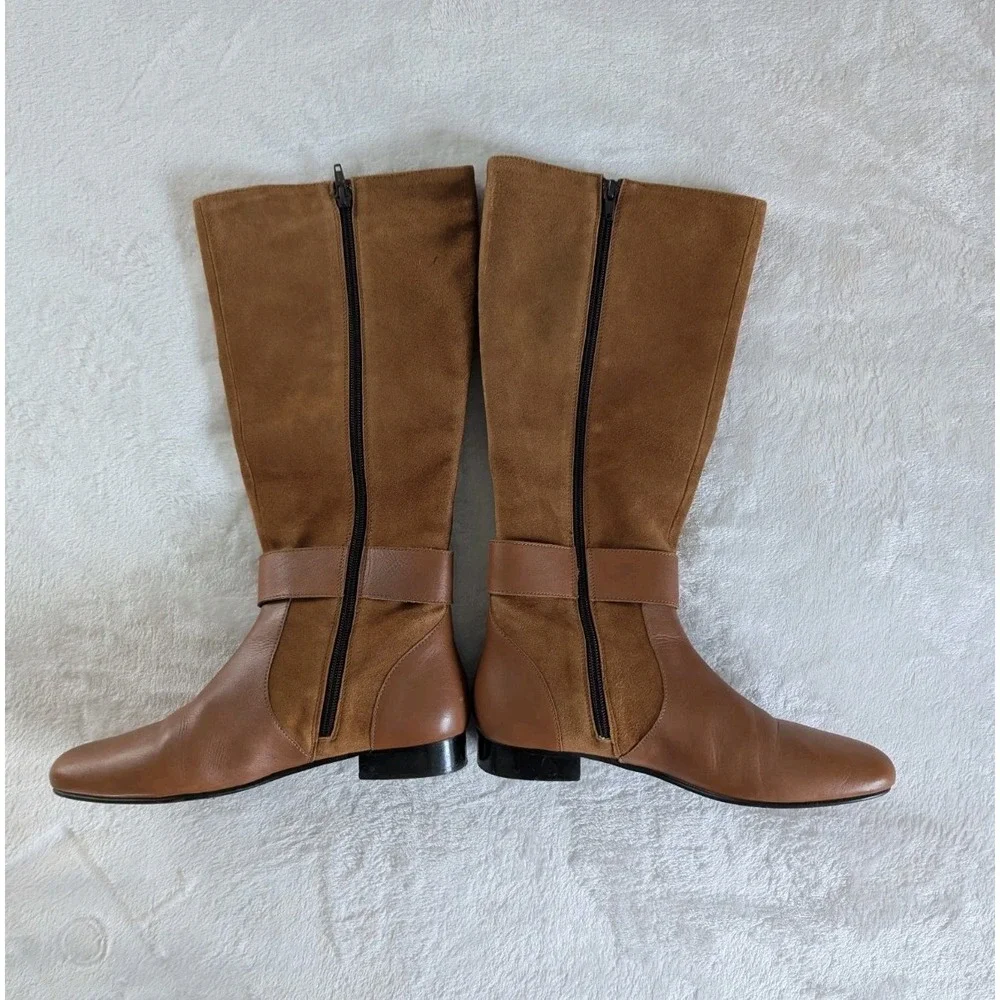 Anthropologie Tall Boots Brown Leather Suede Buckle 40 Equestrian Quiet Luxury